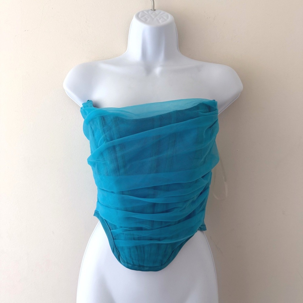 Fashion Nova Enchanted Corset Top Womens XL Blue Mesh Ruched Fairy Coquette NEW